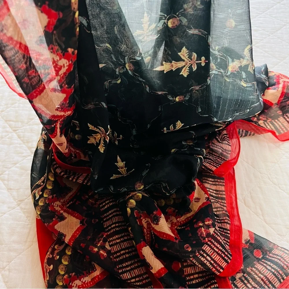 Vintage Sheer Wrap Scarf Sarong 95”x45” Black Red Gold Boho Floral